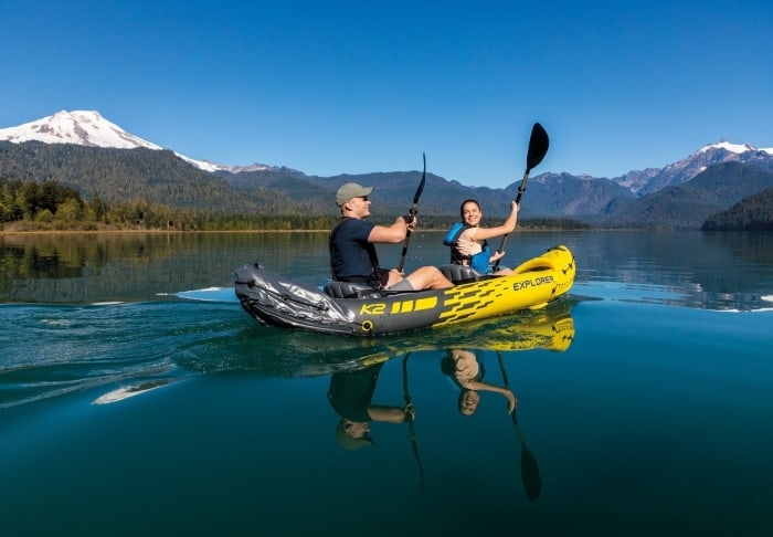 A couple having fun with their Intex Explorer K2 Kayak